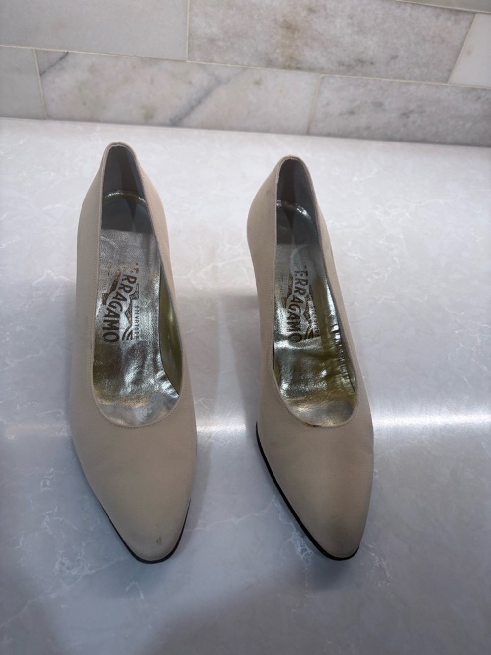 Salvatore Ferragamo Beige Pointed Fabric Pumps